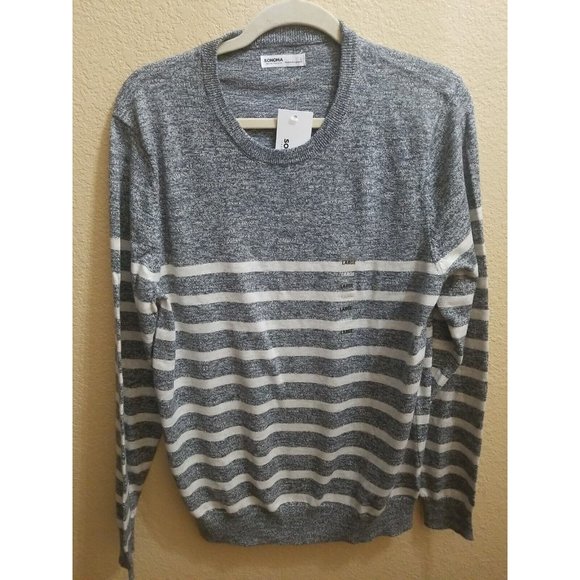Mens Sonoma Size L Fine Gauge Charcoal Striped Crewneck Sweater Striped Gray NWT - Picture 2 of 5